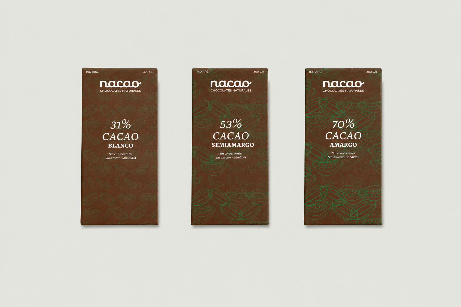 Three Nacao chocolate bars by cacao percentage